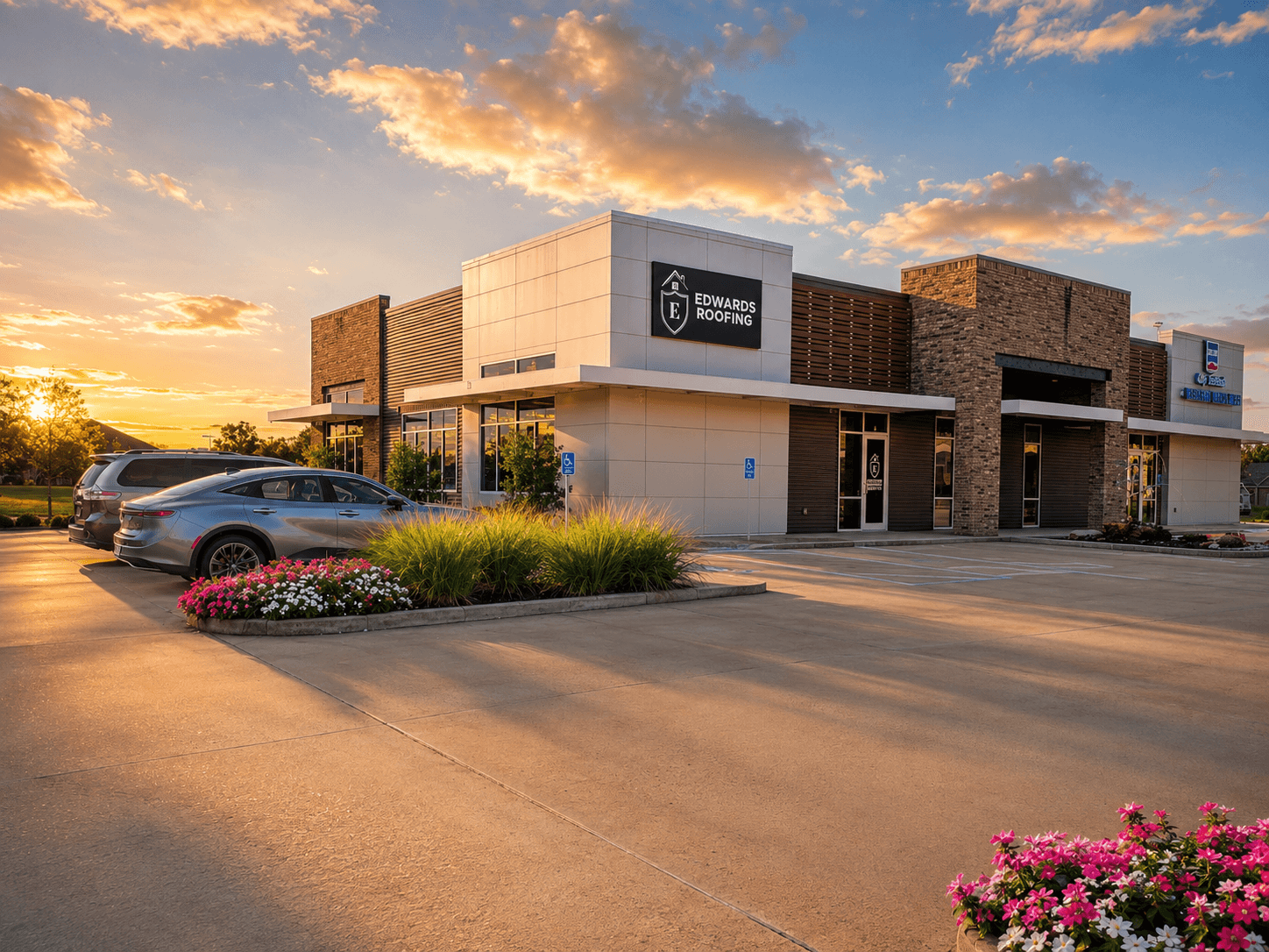 Edwards Roofing & Construction office at golden hour in Pineville, Louisiana